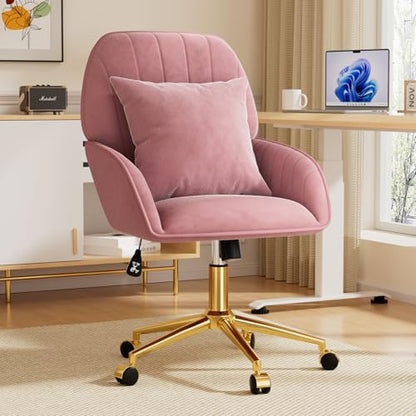 Home Office Desk Chair Comfy with Adjustable Swivel Wheels, Modern Velvet Makeup Vanity Chair with Back & Pillow, Ergonomic Office Chair Computer Task Chair for Living Room, Bedroom, Rose Pink - color: Rose Pink