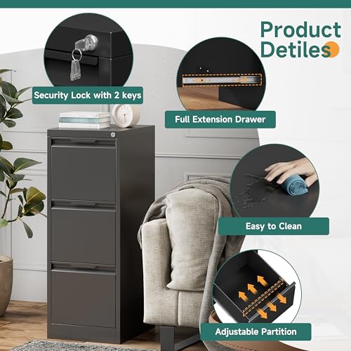 3 Drawer Metal Vertical File Cabinet with Lock for Home Office | 17.8"D x 15"W x 38.4"H,Small Under Desk Cabinet,Adjustable Hanging Bar,Fits 4A/Legal/Letter Size File,Easy Assembly,Black - color: Black, size: 17.8"D x 15"W x 38.4"H（3 Drawers）