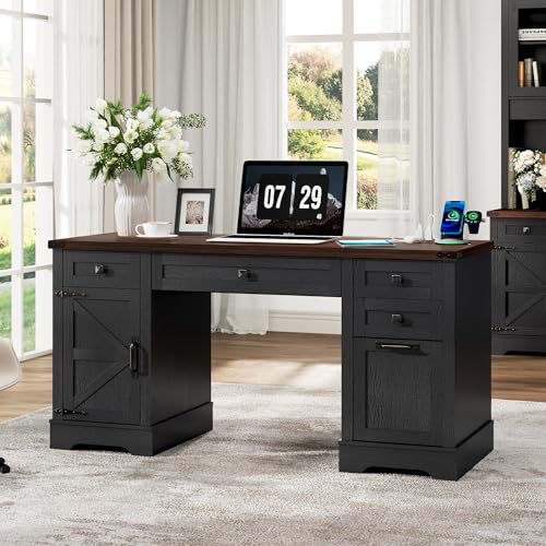Squireewo 58'' Farmhouse Home Office Desk with Drawers, Wooden Executive Desk with Charging Station, File Drawers and Storage Cabinet, Computer Desk for Work, Study and Writing, Black - color: Black, size: Straight Desk