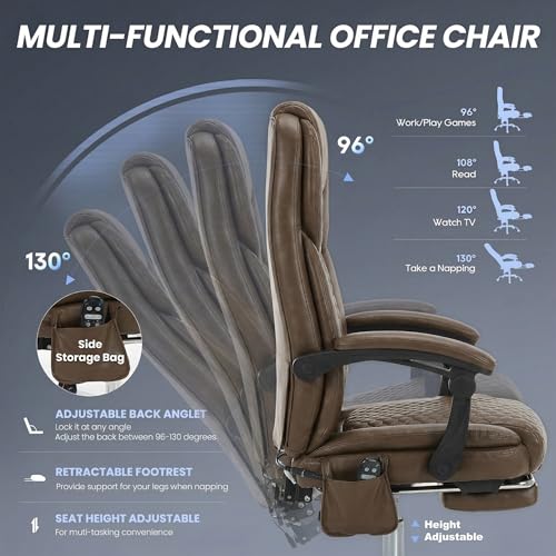 MALOL 300 lbs Massage Office Chair, Big and Tall Desk Chair with 3-Level Heat and Footrest, PU Leather Ergonomic Executive Computer Chair with Side Pocket, Brown - color: Brown, size: Set of 1, style: Classic