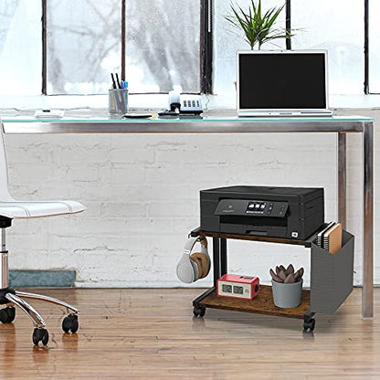 VEDECASA 2 Tier Rustic Brown Wooden Under Desk Printer Stand with Storage Bag for Home Office Desktop Printer Table Organizer Mobile Printer Shelf Cart with Caster Wheel - color: Rustic Brown