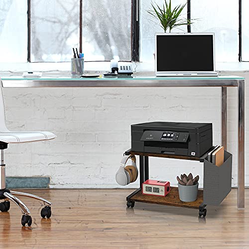 VEDECASA 2 Tier Rustic Brown Wooden Under Desk Printer Stand with Storage Bag for Home Office Desktop Printer Table Organizer Mobile Printer Shelf Cart with Caster Wheel - color: Rustic Brown