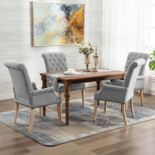 LOULENS Linen Dining Chair with Arms, Tufted Dining Room Chairs, Light Grey | Solid Wood Legs, Nailhead Trim, Accent Chair, Kitchen Chair - color: Grey-a, size: 1 PCS