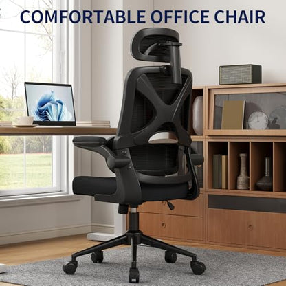 Ergonomic Office Chair - Desk Chair with Adjustable Headrest Lumbar Support Computer Chair - Mesh Comfy Chair with Flip-up Armrests - Gaming Chairs for Adults Home Office (Black+Black) - color: Black+black