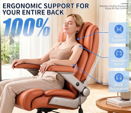 Big and Tall 700lbs Office Chair - Adjustable Lumbar Support 3D Flip Arms Heavy Duty Metal Base&Wheels, High Back Large Executive Computer Desk Chair, Thick Padded Ergonomic Design for Back Pain - color: Gold Brown