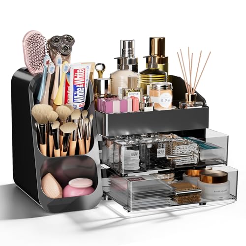 Makeup Organizer with Drawers for Vanity Bathroom Counter Organizers and Storage, Large Skincare Organizer with Brush Toothbrush Holder for Perfume, Nail Polish, Dresser, Office Supplies, Black - color: Black