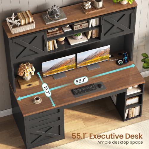 SEDETA 55.1" Farmhouse Desk with Hutch & 3 Storage Drawers - color: Black and Brown, size: Desk with Hutch (55")