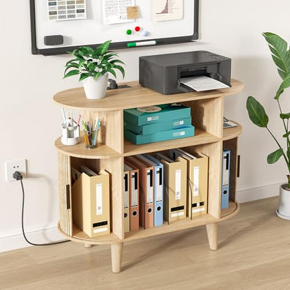 Fiogmub Round Printer Stand with Charging Station & USB Ports - color: Oak