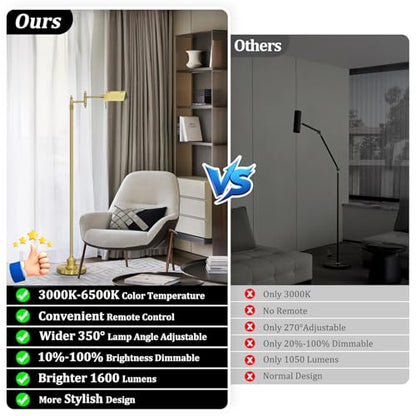 Bairth Light Gold Reading Floor Lamp, Dimmable Pharmacy Standing Lamp | 3 Color Temperature, Dimmable, 17W LED, Height Adjustable, 360°Swing Arm, for Living Room, Bedroom, Office, Craft & Sewing - color: Light Gold