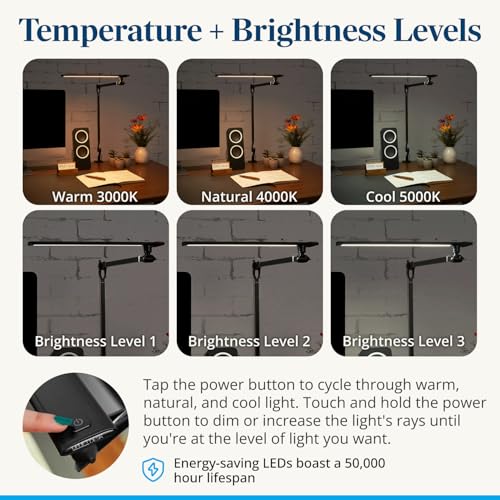 UPLIFTDESK E7 LED Desk Lamp - Adjustable 3 Color Modes, Dimmable Home Office Desk Light for Standing Desk, Dual Monitors, Aluminum Task Lamp (Silver Base) - color: Black Lamp Silver Base