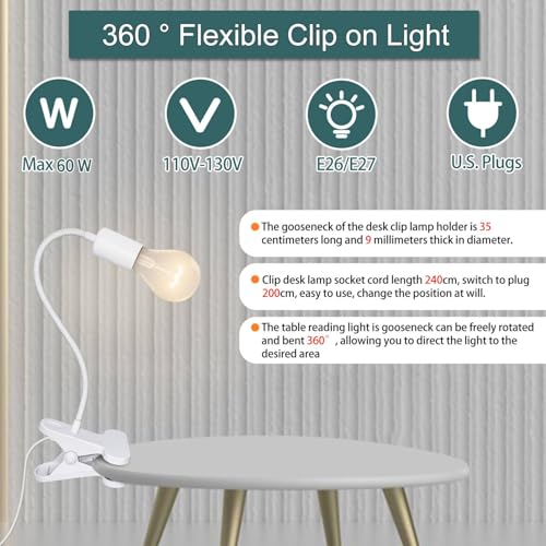 Desk Clip Lamp Holder, 240CM Cord Clip Desk Lamp Socket E26 E27 Clamp Light Socket with 9mm Thick Metal Tube Clip Reading Lamp for Office Clip On Grow Lights for Home Lighting, White(No Bulb)