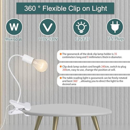 Desk Clip Lamp Holder, 240CM Cord Clip Desk Lamp Socket E26 E27 Clamp Light Socket with 9mm Thick Metal Tube Clip Reading Lamp for Office Clip On Grow Lights for Home Lighting, White(No Bulb)