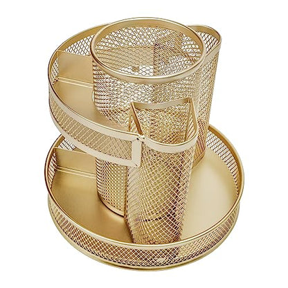 Annova Mesh Desk Organizer Rotate with 5 Compartments Round Spinning Tidy Candy/Pen Holder Desk Accessories Office, Art Supply, Storage, Classroom, Home (Gold) - color: Gold