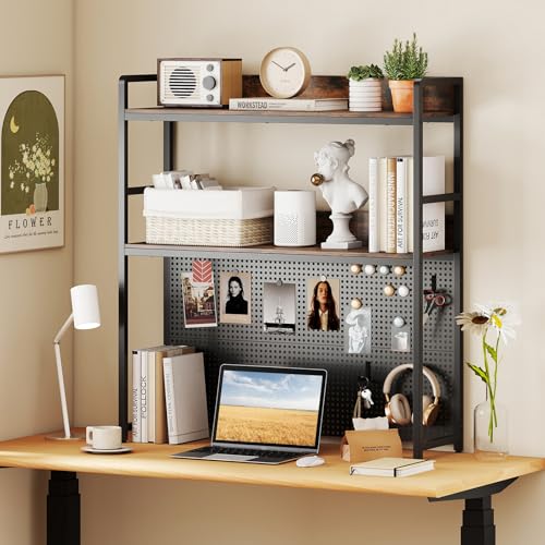 Desk Hutch, 37" Desktop Bookshelf with Pegboard, Countertop Storage Hutch for Computer Monitor, 2-Tier Desk Display Rack, Desktop Organizer Shelf for Dorm Home Office, Rustic Brown - color: Black+rustic Brown