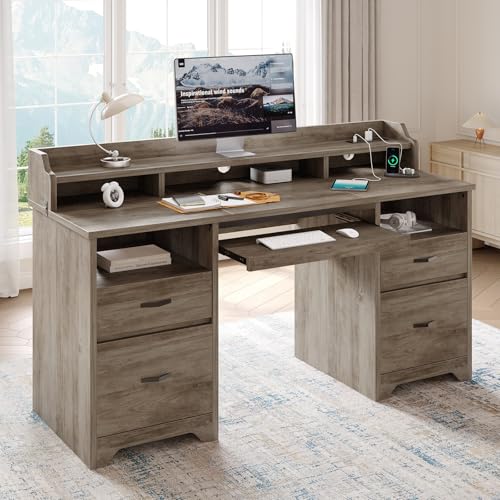 Bestier 59" Executive Desk with Charging Station & Monitor Stand, Grey - color: Grey