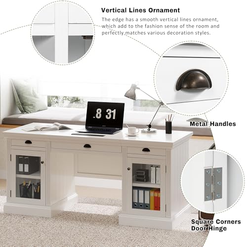 Executive Desk with Power Outlets & USB Charging Station, 67.7" Computer Desk with 3 Drawers & 2 Cabinets Glass Doors, Modern Wood Home Office Desk for Bedroom,Living Room,Study Room, White