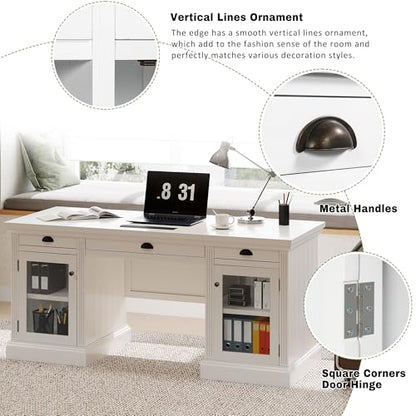 Executive Desk with Power Outlets & USB Charging Station, 67.7" Computer Desk with 3 Drawers & 2 Cabinets Glass Doors, Modern Wood Home Office Desk for Bedroom,Living Room,Study Room, White