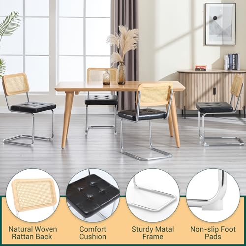 KCC Modern Dining Chairs Set of 6, Faux Leather Rattan Chair,Black | Mid Century Kitchen Side Chairs with Metal Legs and Upholstered Seat for Dining Room,Living Room,Bedroom,Silver Legs - color: Black+silver Legs, size: Set of 6