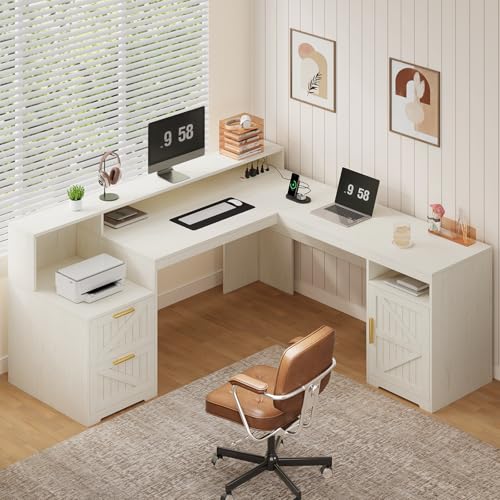 63" Farmhouse L Shaped Desk with Drawers & Printer Shelf for Home Office | Corner Computer Desk with Storage, Power Outlets, L Shaped Executive Desk with Monitor Stand, Printer Shelf, White - color: Classic White