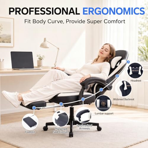 Desk Computer Gaming Chair - High Back Ergonomic Office Chair with Footrest and Lumbar Support, Swivel Comfy Home Gamer Video Game Chairs with Pocket Spring Cushion for Adults (White Leather) - color: Classic White Leather