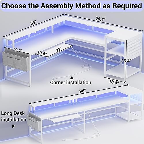 SEDETA L Shaped Gaming Desk, Reversible Computer Desk, Gaming Desk with Power Outlets & LED Strip, Monitor Shelf, Keyboard Tray, Pegboard and Storage Shelves for Home Office, White - color: White
