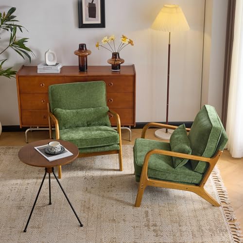 VINGLI Chenille Mid-Century Modern Accent Chair Set of 2, Cute Reading Arm Chair with Cushion & Lumbar Pillow & Solid Wood Frame for Lounge, Living Room, Reading Room, Bedroom, Olive-Green - color: Olive-green