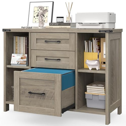 Vabches File Cabinet with 3 Drawers, Farmhouse Lateral File Cabinet Fits Files Letter/A4 Size, Wooden Filing Cabinet with Adjustable Shelves Printer Stand for Home Office, Grey - color: Grey