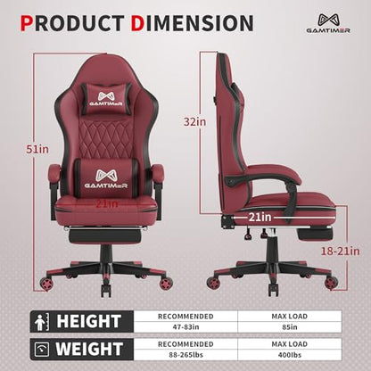 Gamtimer Gaming Chair with Footrest, Ergonomic Computer Chair, PU Breathable Material with Headrest and Lumbar Support, Suitable for Silla Gamer and Adults (RED) - color: Red