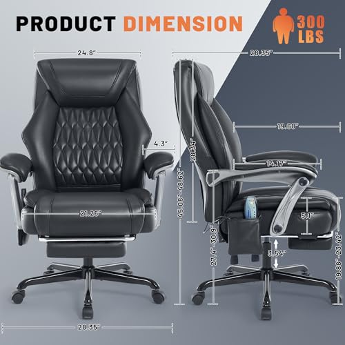 Reclining Office Chair with Massage, Ergonomic Executive Desk Chair | PU Leather Computer Chair with Heat & Footrest, 6-Point Vibrations, Padded Seat for Comfort & Stress Relief & Relaxation