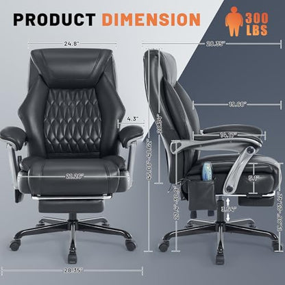 Reclining Office Chair with Massage, Ergonomic Executive Desk Chair | PU Leather Computer Chair with Heat & Footrest, 6-Point Vibrations, Padded Seat for Comfort & Stress Relief & Relaxation