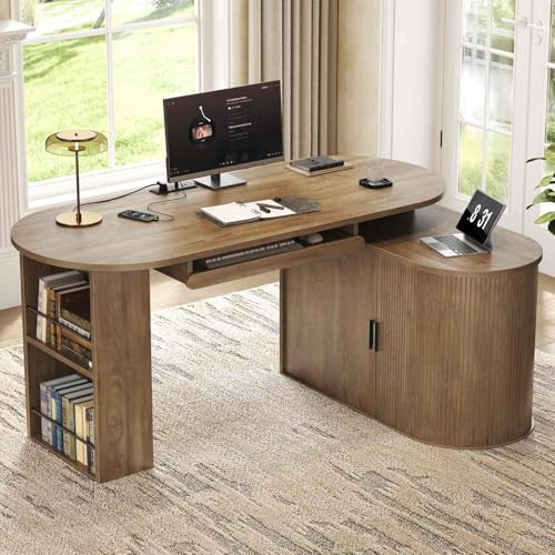 HSH L Shaped Office Corner Desk with Storage Cabinet for Home 60 Inch - color: Annual Ring Wood