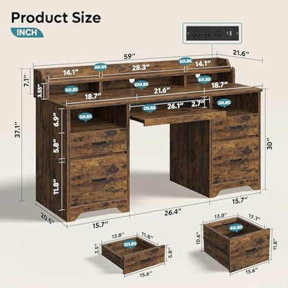 Bestier 59" Executive Desk with Charging Station & Monitor Stand, Brown - color: Natural Rustic Brown