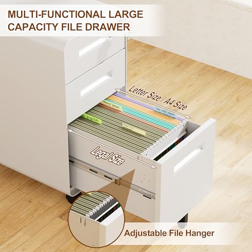 3 Drawer Slim Narrow Mobile File Cabinet with Lock and 4 Keys | Metal Filing Cabinet for Home Office, Under Desk, Pre-Assembly, File Drawer, Letter/Legal/A4 Hanging File Folders - color: White, size: 23.4"H*12.6"W-3 Drawers