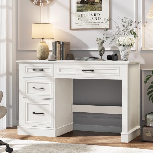 Farmhouse 47" Executive Desk with 3 Drawers and Adjustable File Drawer, Workspace for Home Office and Study, Cream White - color: Cream White, size: Without Charging Station