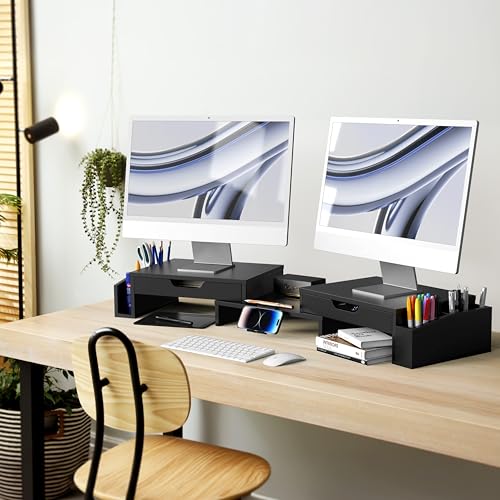 Simple Houseware Desk Dual Monitor Stand Riser with 2 Drawers, Black - color: Black