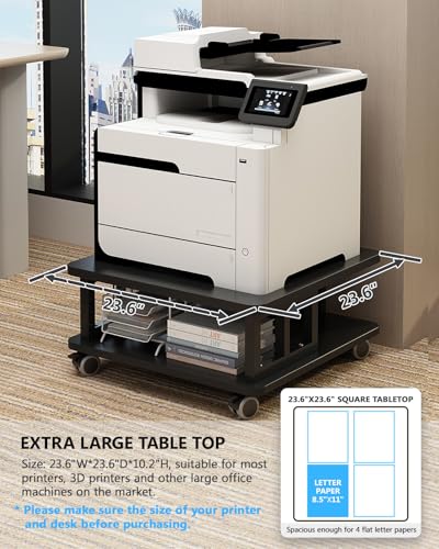 Mobile Printer Stand, 2-Tier Large Printer Shelf for Laser 3D Printer Office Machine with Storage, 23.6"x23.6" Wood Printer Cart Under Desk Rack with Wheels for Office Home Kitchen (Black) - color: Black