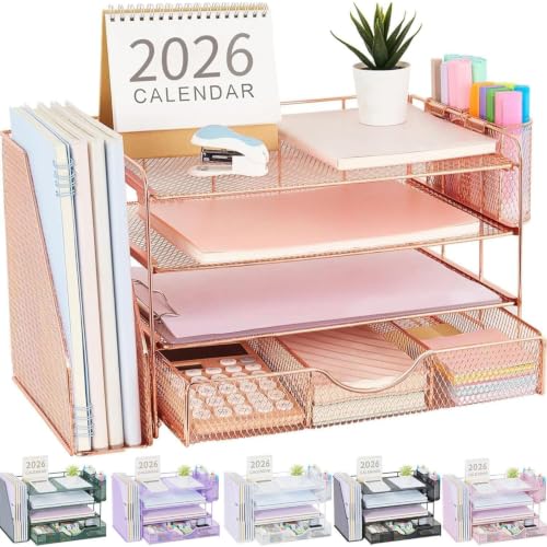 gianotter Desk Organizers and Accessories with File Holder, 4-Tier Desk Accessories & Workspace Organizers with Drawer and 2 Pen Holder, Paper Organizer for Office Supplies (Rose Gold) - color: Rose Gold, size: 4T