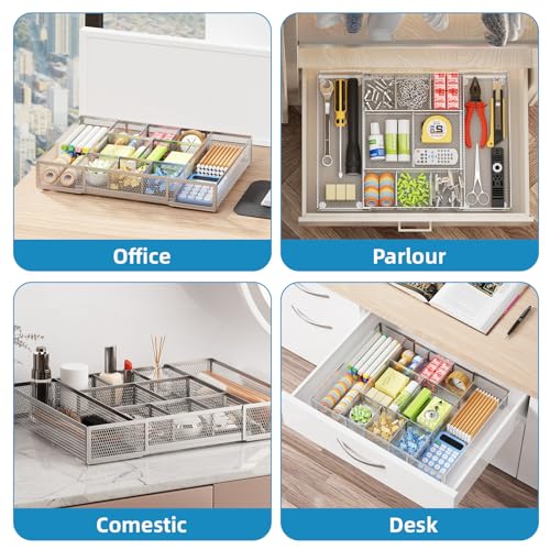 Marbrasse Expandable Desk Drawer Organizer, Mesh Tray with 10 Adjustable Compartments, Desk Organizers for Office Supplies, Makeup & Vanity (Expandable-Silver) - color: Expandable-Silver