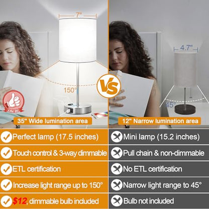 Lynnoland Set of 2 Touch White Table Lamps with 2 USB Ports & AC Outlet, 3-Way Dimmable Bedside Nightstand Lamps for Bedroom Living Room Nursery, 800 Lumens 5000K Daylight Bulbs Included - color: White & Brushed Nickel (Base) - 5000K