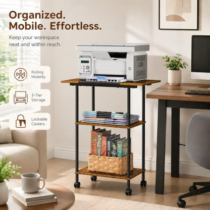 Large Printer Stand with Storage Rolling Printer Cart with Wheels - color: Rustic Brown