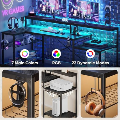 Bestier 71.5 Inch L‑Shaped Gaming Desk with LED & Power Outlets, Black | Large Desk with Monitor Stand, Adjustable Shelf & Printer Stand, Cup Holder, Headset Hooks for Gaming & Home Office - color: Black Carbon Fiber