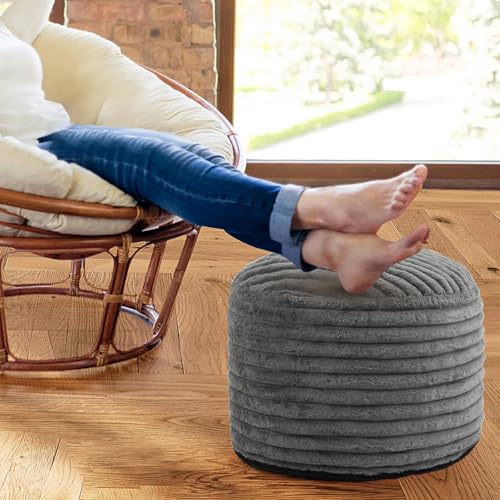 Round Stuffed Pouf Ottoman Foot Rest for Couch Round Ottoman with Foam Chunk Filling Stripe Faux Fur Ottomans for Living Room Floor (20"x15",Dark Grey) - color: B-dark Grey, size: 20"D x 20"W x 15"H