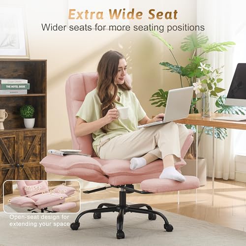 Wider Seat Office Chair with Flip Armrests for Criss Cross Legged&Cats, Big and Tall Executive Ergonomic Reclining Chair with Footrest&Lumbar Pillow, Teddy Fleece Desk Chair,Pink Vanity Chair - color: Pink