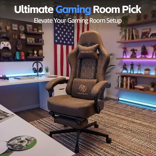 Desk Computer Gaming Chair - Ergonomic Game Office Chair with Extended Footrest and Massage Lumbar Support, Home Gamer Video Game Chairs with Spring Cushion for Adults (Pro Brown Leather) - color: Pro Brown Leather