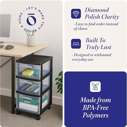 HOMZ Drawer Tower 3-Tier Storage Cart, Removable Wheels, Black Frame,2 Pack - color: Black, size: 2 Pack