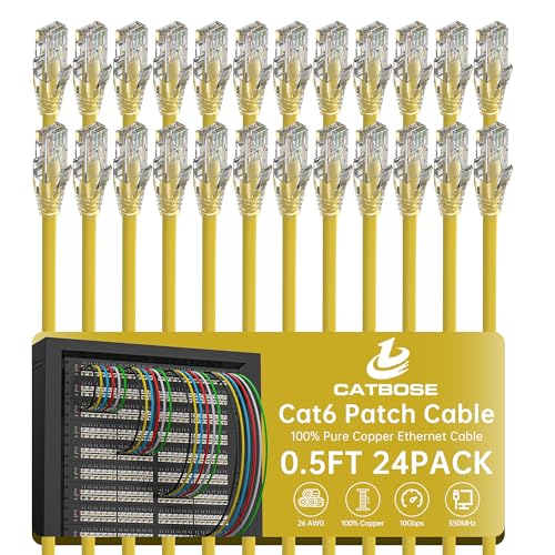 0.5 Foot Cat6 Patch Cables(24 Pack), Solid Pure Copper Patch Cord, Cat 6 Ethernet Cable, UTP Network, High Speed RJ45 Internet Cables, Compatible for Router, Switche, PC, Server, PS4/5, Xbox - Yellow - color: Yellow, size: 0.5FT, style: 24 Pack