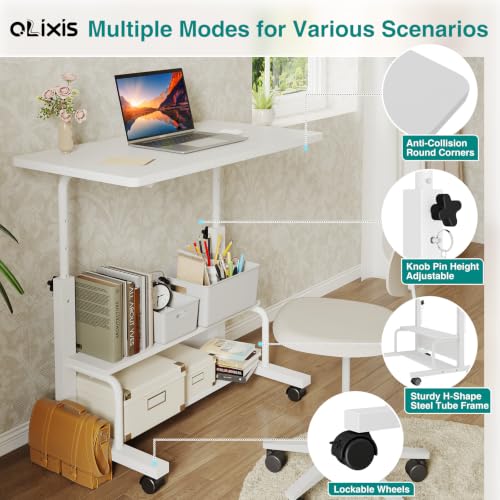 OLIXIS Rolling Desk, Storage Shelves, Laptop Table, Home Office | Height Adjustable Design, Computer Desks on Wheels, Portable for Small Spaces Use, White