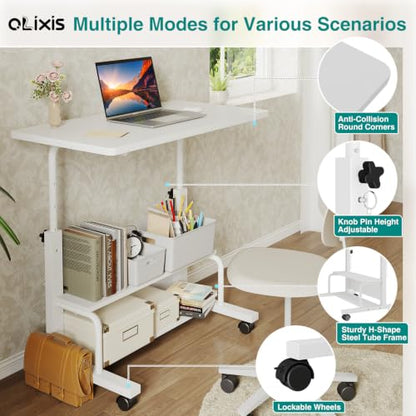 OLIXIS Rolling Desk, Storage Shelves, Laptop Table, Home Office | Height Adjustable Design, Computer Desks on Wheels, Portable for Small Spaces Use, White