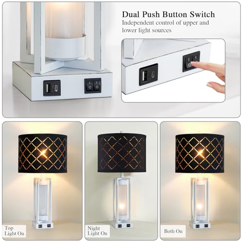 25" Set of 2 Farmhouse Table Lamps with USB C+A Ports | Rustic Retro Nightstand Lamps with White Night Light, Black Grid Shade, Desk Lamps for Bedroom Bedside, 4 Bulbs Included - color: White