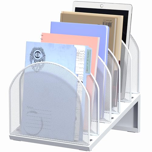 5-Section Desk File Organizer | Metal Mesh Folder Organizer for Documents, Mail & Office Papers (White) - color: White